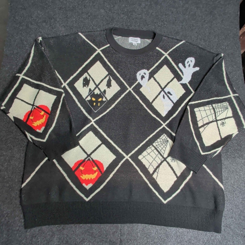 Unique Vintage Halloween Sweater Womens 2X/3X Black Argyle Spooky Ghost Pumpkin